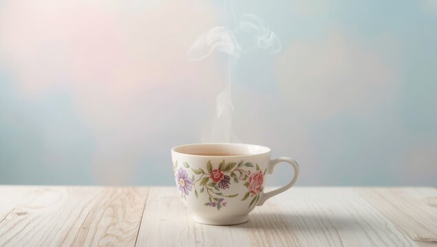 Vintage floral teacup with steaming tea on a rustic wooden table against a soft backdrop - Powered by Adobe