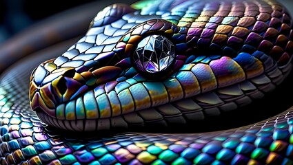 Snake head close up showing iridescent scales and faceted gemstone eye, fantasy digital art concept
