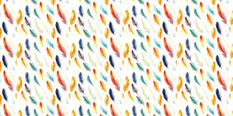 Watercolor feather seamless pattern with vibrant colorful plumes art.