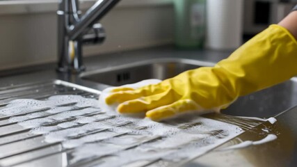 Woman wearing yellow gloves scrubbing a kitchen sink drainboard with soap and sponge for cleaning service footage.