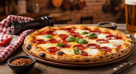 A freshly baked pepperoni pizza with melted cheese and fresh basil leaves on a wooden table with a glass of beer.