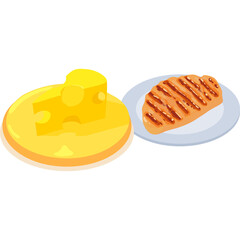 Isometric Style Fast Food Icons Set Featuring A Slice Of Cheese And A Grilled Steak On A Plate With A Transparent Background