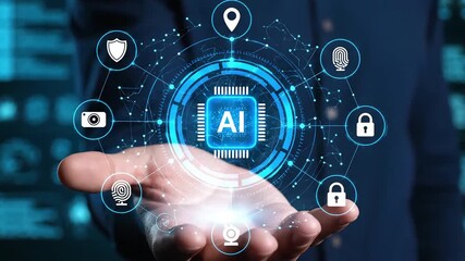 A hand holding a glowing AI chip surrounded by a network of digital icons representing security, data, and connectivity in a futuristic setting. - Powered by Adobe