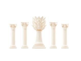 Obraz premium Five classical white columns with ornate capitals stand in row, with central column featuring unique lotus flower design, evoking elegance and ancient architecture