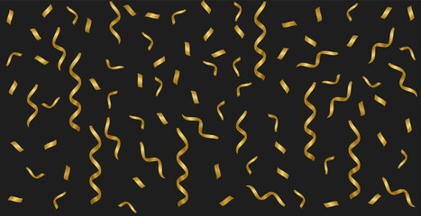 Falling golden confetti and elegant curly gold streamers, luxurious illustration pattern against dark background. This sparkling design evokes a sense of celebration, glamour, and success.