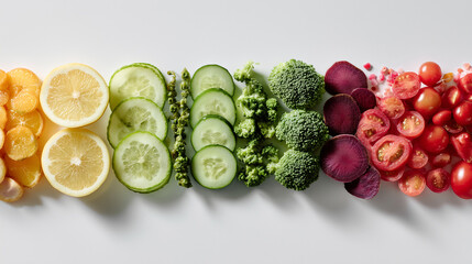 Minimal flat lay of fresh sliced citrus, cucumber, broccoli, and colorful vegetables arranged in a clean horizontal row on white.