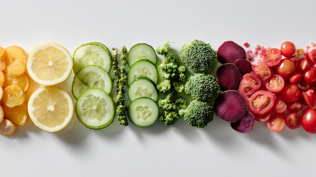 Minimal flat lay of fresh sliced citrus, cucumber, broccoli, and colorful vegetables arranged in a clean horizontal row on white.