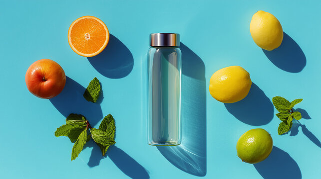 Minimal hydration concept featuring a clear bottle with citrus fruits and mint leaves arranged on a bright blue background.