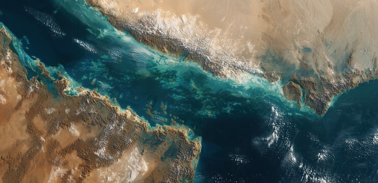 Coastal Vista: Aerial view, showing a dynamic river mouth where the freshwater current merges with the ocean, creating striking visual contrasts. 