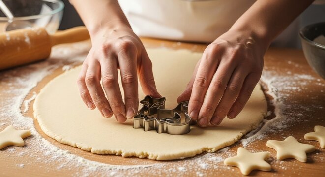 Womans hands cutting out star shaped cookies from rolled dough on a wooden table, preparing for christmas and for national cookie cutter day