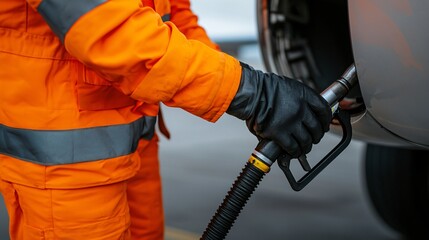 Fuel technician filling airplane with hybrid SAF blend at green-certified airport. 