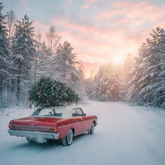 red car with Christmas tree on the roof 