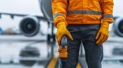 Fuel technician filling airplane with hybrid SAF blend at green-certified airport. 