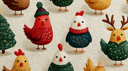 Watercolor illustration of chickens wear knitted hats and sweaters creating a whimsical festive pattern against a bright white background.