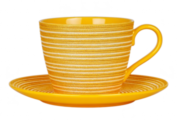 Yellow striped ceramic cup with matching saucer, featuring textured pattern and glossy finish, perfect for serving hot beverages in cheerful, modern kitchen or cafe setting