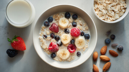 A breakfast bowl filled with oats, blueberries, banana slices, strawberries, and almonds, accompanied by milk and loose oats on a soft gray surface for a fresh morning meal.