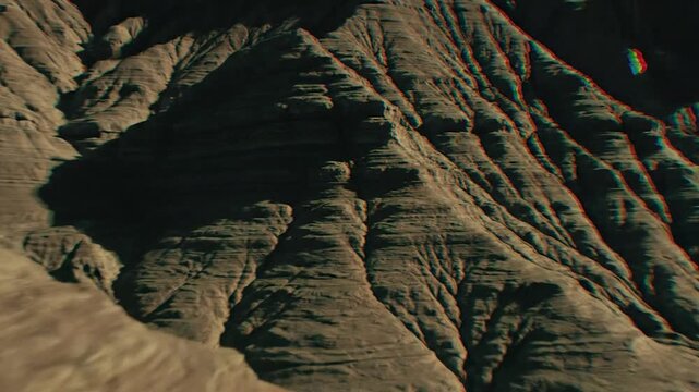A rugged mountain landscape with layered rock formations and anaglyph effect