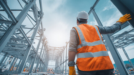 Construction worker with a hard hat and safety vest inspecting a steel framework at a construction site