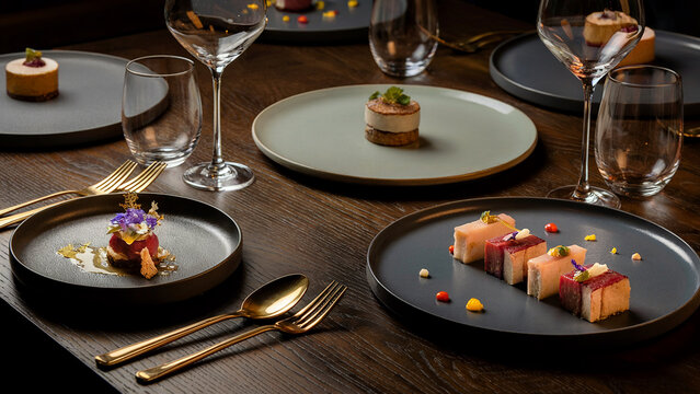 Fine dining table with gourmet dishes, artistic plating, wine glasses and golden cutlery on a dark wooden surface. Soft warm lighting creates an elegant and luxurious Michelin-style atmosphere.