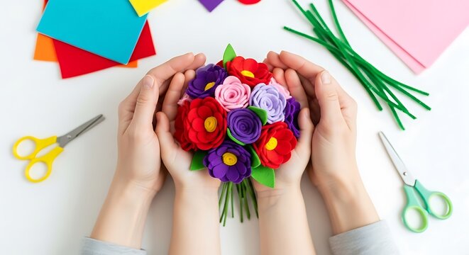 Hands holding colorful felt flower bouquet with craft supplies flowers