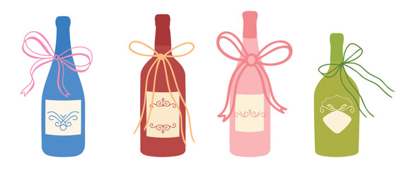 Colorful gift bottles with bows vector, festive ribbon wrapped drink bottles set for holiday celebration, party decor and packaging design.