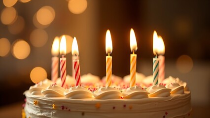 Birthday cake illuminated by glowing candles, creating a warm and festive atmosphere.