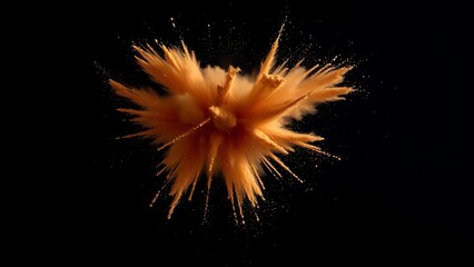 A dynamic burst of brown powder suspended in mid-air against a black background, creating an abstract visual.