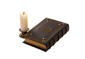 Ornate leather-bound grimoire with pentagram symbol and lit candle beside it, isolated on a transparent background