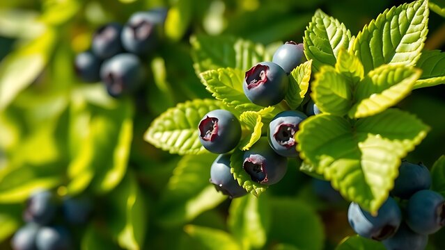 Close-up of lush blueberry leaves glowing in morning light with a clean botanical backdrop.