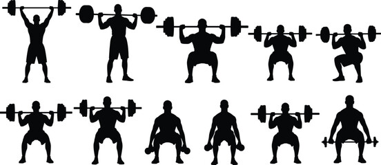 Weightlifting silhouettes collection, men training with barbell and dumbbell, gym fitness exercises vector, bodybuilding workout set, strength sport illustration
