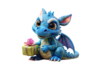 Adorable blue baby dragon holding wrapped gift box with flower, isolated on a transparent background