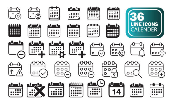 Clean Calendar Line Art Set for Daily, Weekly and Monthly Planning.