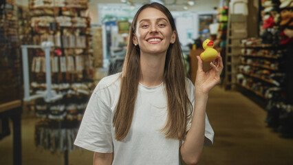 Woman smiling and holding a yellow rubber duck while standing in a retail building aisle wearing a white t shirt; playful joy.
