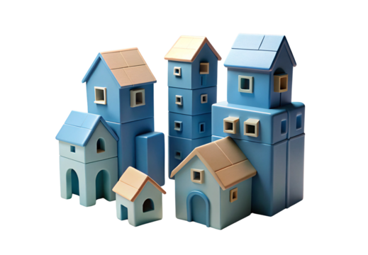 Blue toy village buildings stacked together whimsically, isolated on a transparent background