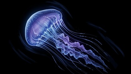 Fototapeta premium Glowing Blue and Purple Jellyfish on Black Background