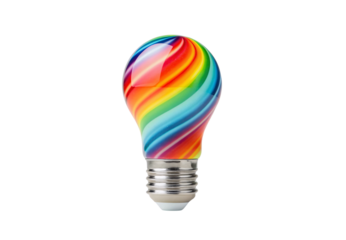 Colorful rainbow swirled lightbulb with vibrant diagonal stripes, isolated on a transparent background