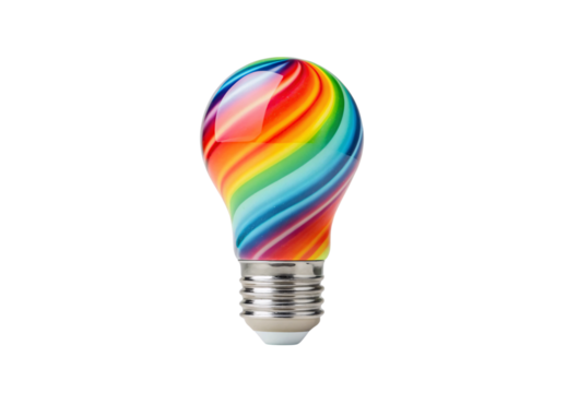 Colorful rainbow swirled lightbulb with vibrant diagonal stripes, isolated on a transparent background