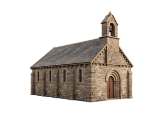 Romanesque stone church with bell tower and arched entrance, isolated on a transparent background