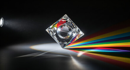 A multifaceted crystal prism disperses a beam of white light into a vibrant rainbow spectrum against a dark background, illustrating the principles of optics and refraction