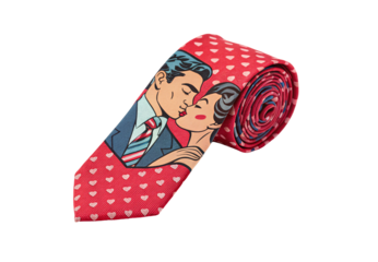 Romantic necktie with retro couple kissing design red hearts pattern on beige background rolled, isolated on a transparent background