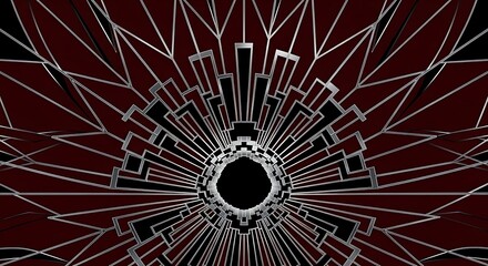  A symmetrical Art Deco pattern featuring a central, stepped sunburst motif. Sharp, geometric lines and zigzags radiate outwards. A luxurious color palette of black, chrome silver, and deep burgundy.