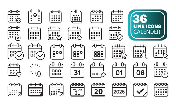 Minimalist Calendar Icon Collection, Clean Outline Symbols for Daily Planning.