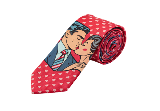 Romantic necktie with retro couple kissing design red hearts pattern on beige background rolled, isolated on a transparent background