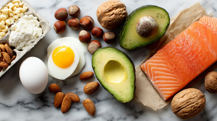 A selection of keto-friendly foods including salmon, avocado, eggs, mixed nuts, cheese, and cottage cheese arranged neatly on a marble surface for clean eating and low-carb diet themes.