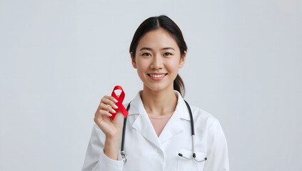 Smiling Asian Doctor with Red Ribbon Raising Awareness for Health and Solidarity