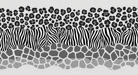 A hybrid animal print pattern where leopard spots seamlessly transition into zebra stripes and then into giraffe patches. Executed in a monochrome palette of black, white, and grey.