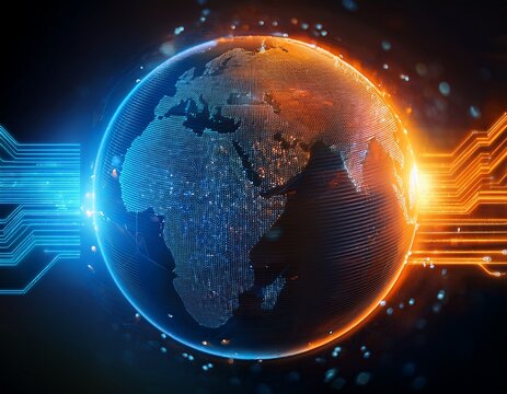 glowing digital globe with illuminated circuits and bright orange and blue data streams representing technology and connectivity