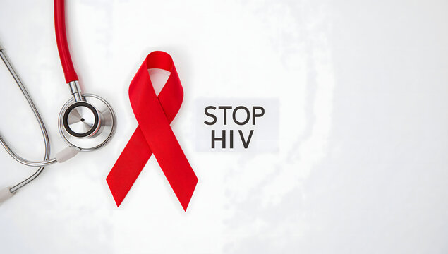 Stop HIV awareness concept with a red ribbon and stethoscope on a white background, a symbol of solidarity for World AIDS Day