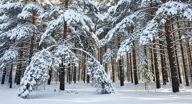 A winter forest with snowcovered pine trees on a sunny day - Powered by Adobe