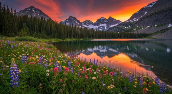 A serene mountain lake with vibrant flowers and a dramatic sunset sky. - Powered by Adobe
